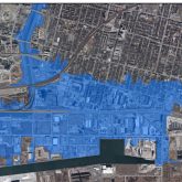 A map of Toronto that shows the area at risk of flooding from the Don River shaded in blue.