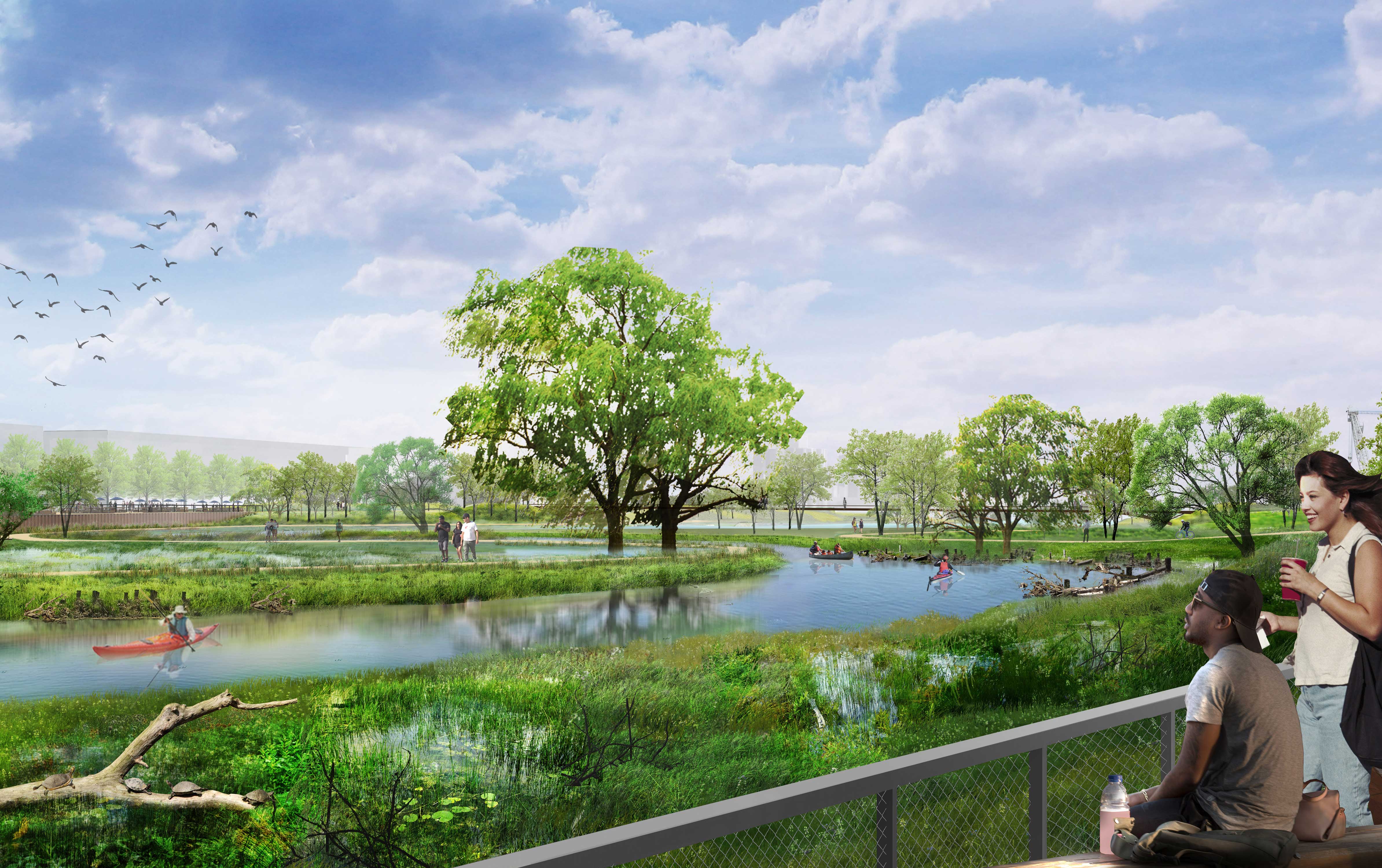 An artist's rendering of the future park on the north side of the new river valley.