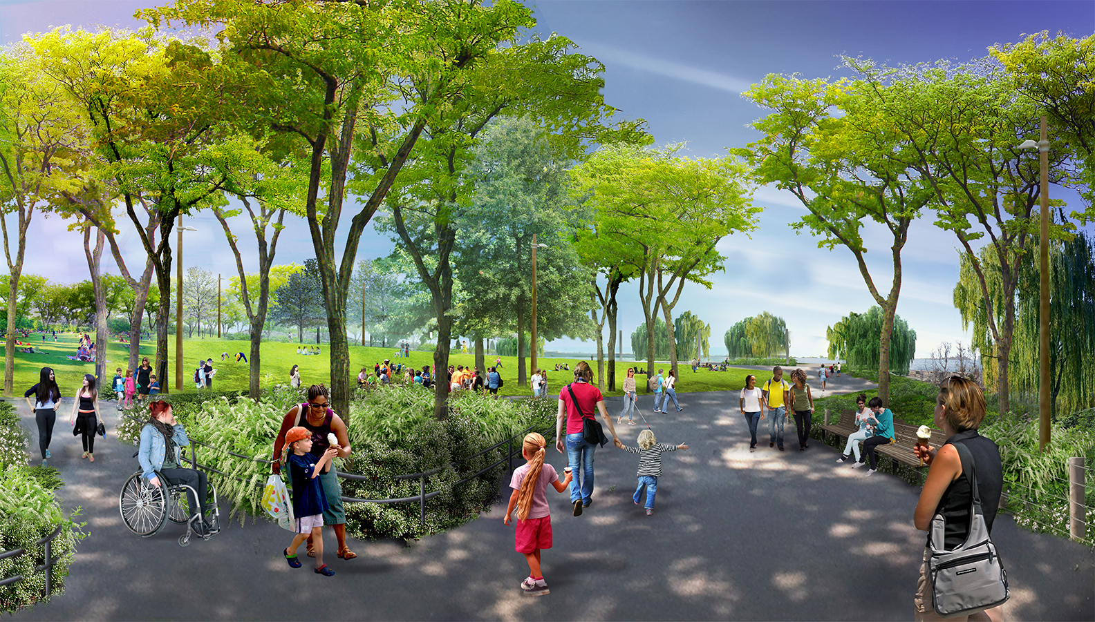 A rendering of promontory park south, people walk on a wide pathway shaded by trees on either side.