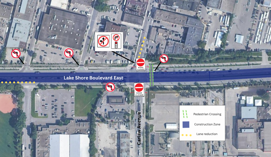 Aerial map view showing Lake Shore Boulevard East with markers indicating pedestrian crossings, construction zones, and lane reductions.