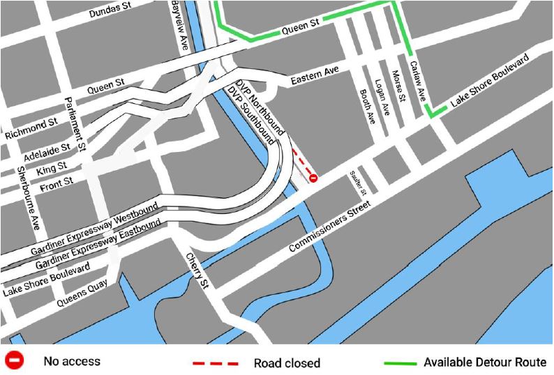 A map showing road closures and available detour routes around the east downtown in Toronto. Roads marked with a red line indicate closures; green lines show alternate routes.