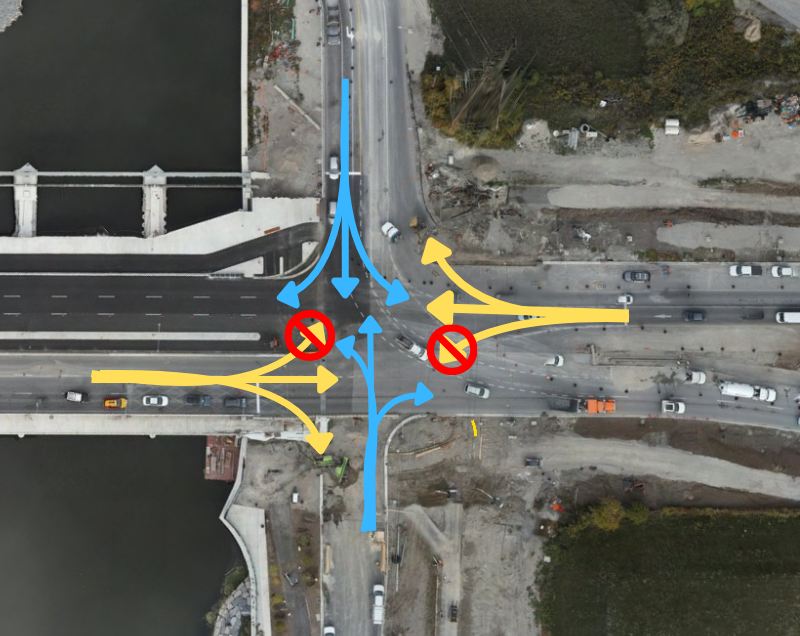 Aerial view of a highway intersection with directional arrows and no-entry signs indicating traffic flow patterns.