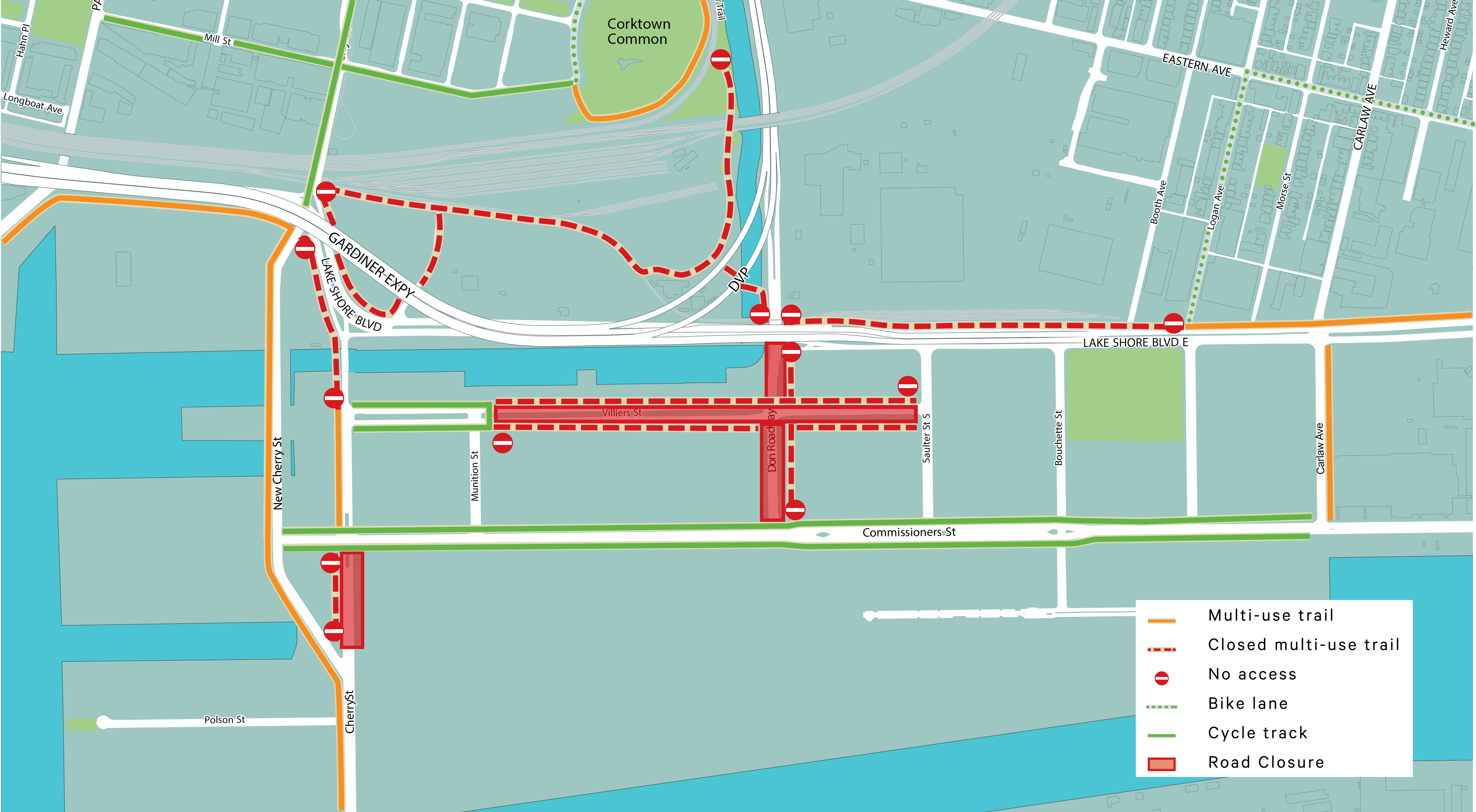 Map showing cycling routes in the Port Lands