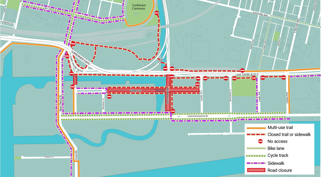 A map showing cycling and pedestrian routes in the Port Lands