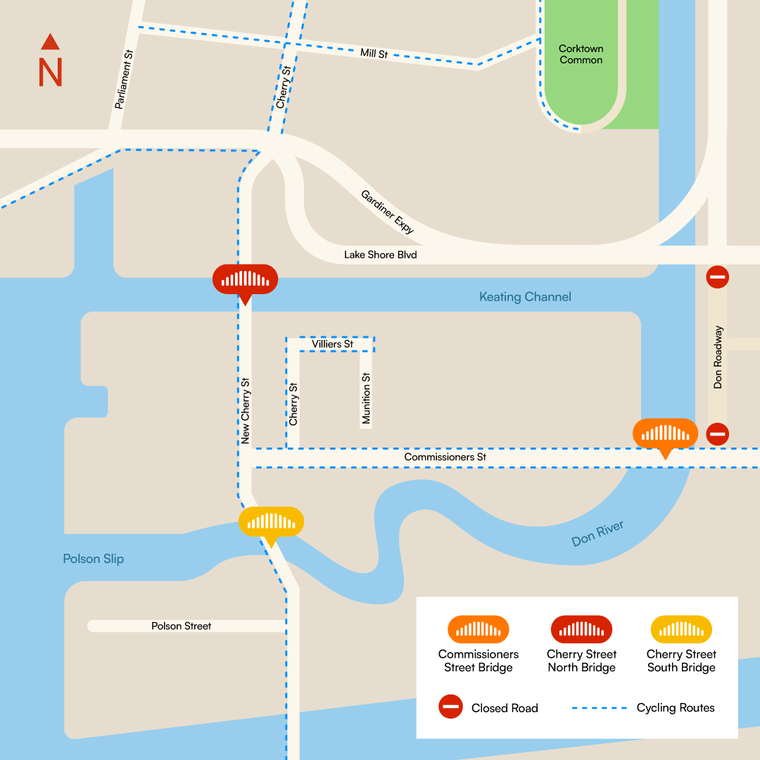 Map showing the location of new bridges in the port lands
