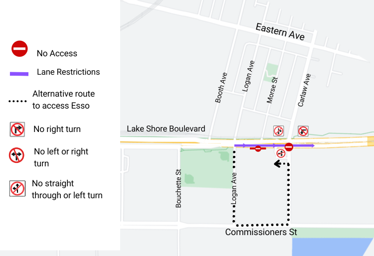Map showing the location of Carlaw Ave and Lake Shore and lane restrictions. 