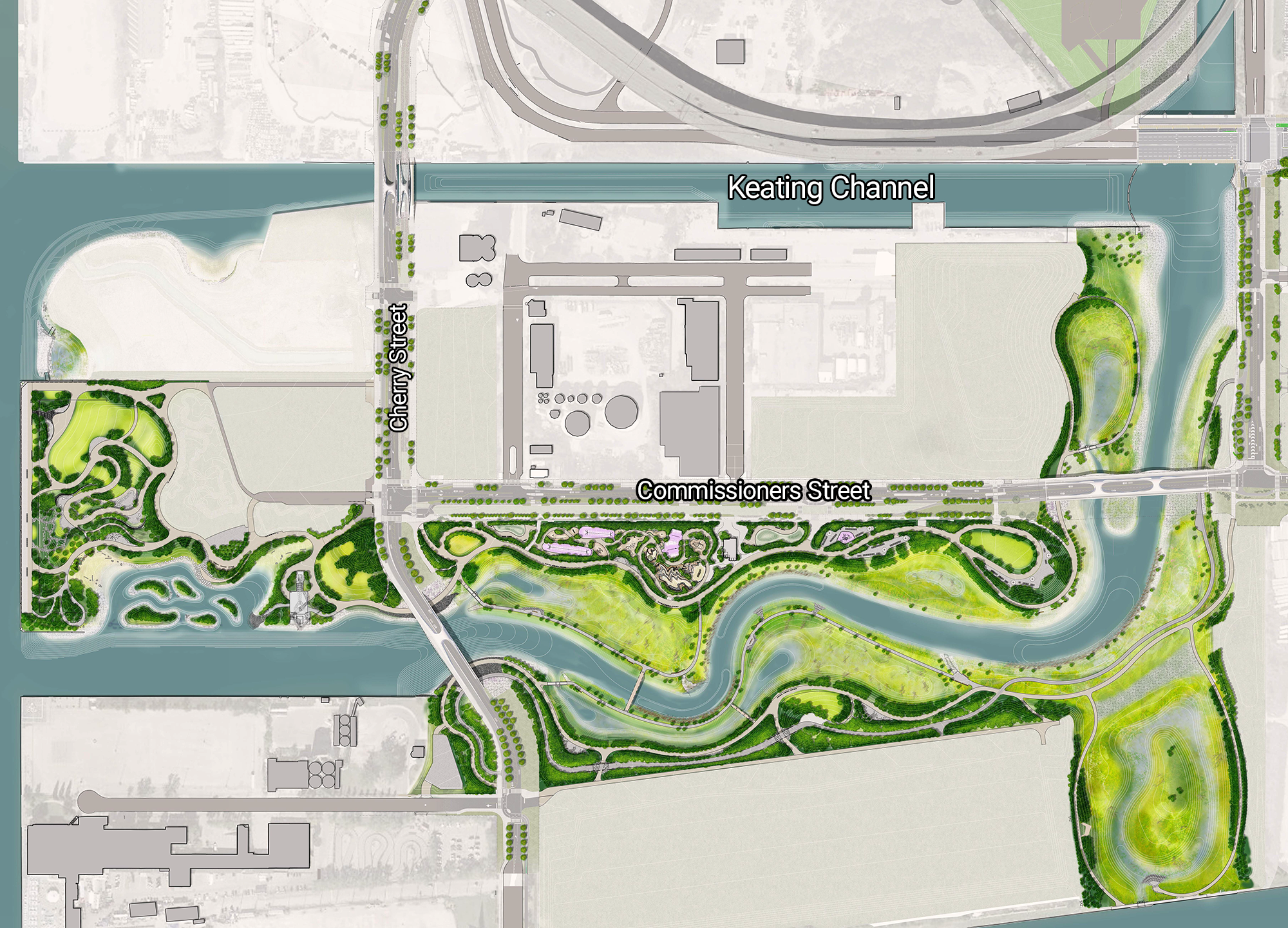 A map showing what will be built as part of the project: large park surrounding a river which runs directly south of the Lake Shore Boulevard East bridge over the Don River until it reaches Commissioners Street. Then the river curves west and meanders under the Cherry Street bridge before meeting Polson Slip. Two roads are also identified: Cherry Street and Commissioners Street.