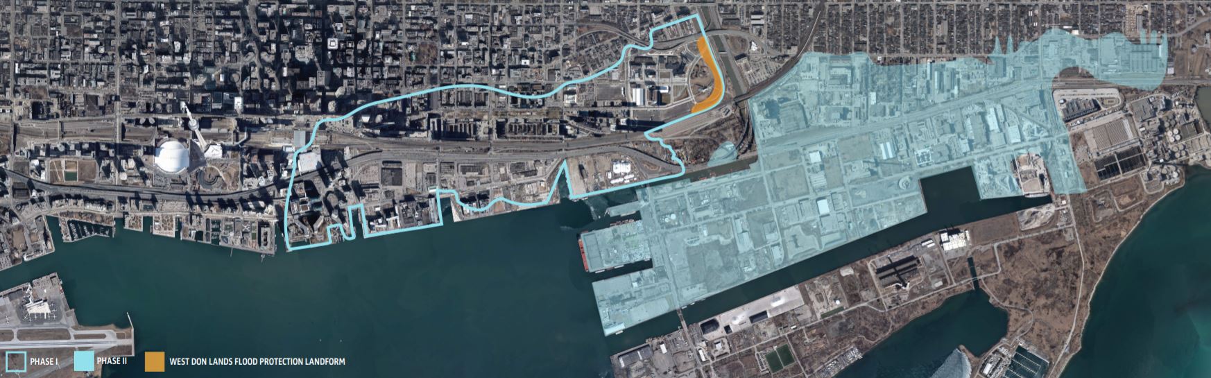Map showing areas still subject to flooding (eastern waterfront including Port Lands, parts of Leslieville and Unilever site) and area protected already (west of Corktown Common)