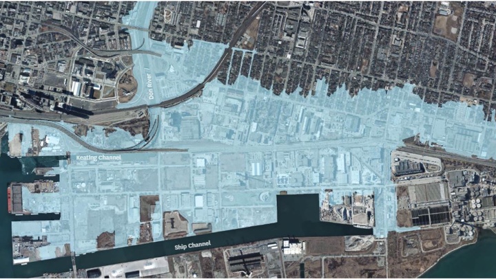 A map of Toronto that shows the area at risk of flooding from the Don River shaded in blue.