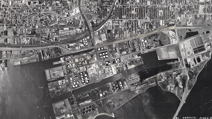 black and white aerial photo of port lands