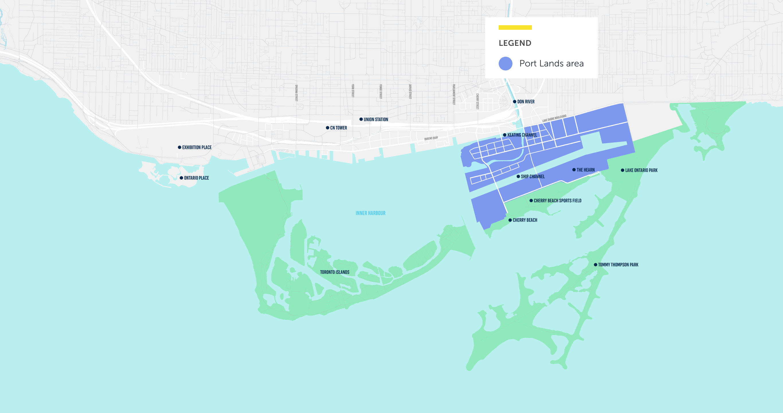 Map showing purple outline of the Port Lands Project boundary