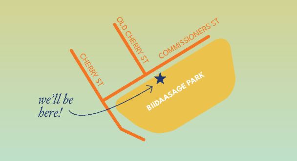 Illustrative map highlighting the location of Biidaaban Sage Park, intersected by Cherry Street, Old Cherry Street, and Commissioners Street. A text bubble says "we'll be here!" with a star marking the specific spot.